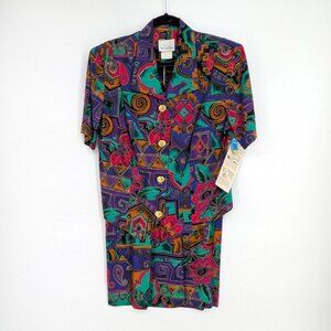 Vintage Via Sant Andrea Suit Top Pencil Skirt Women Size 12 Petite Retro 90s Art